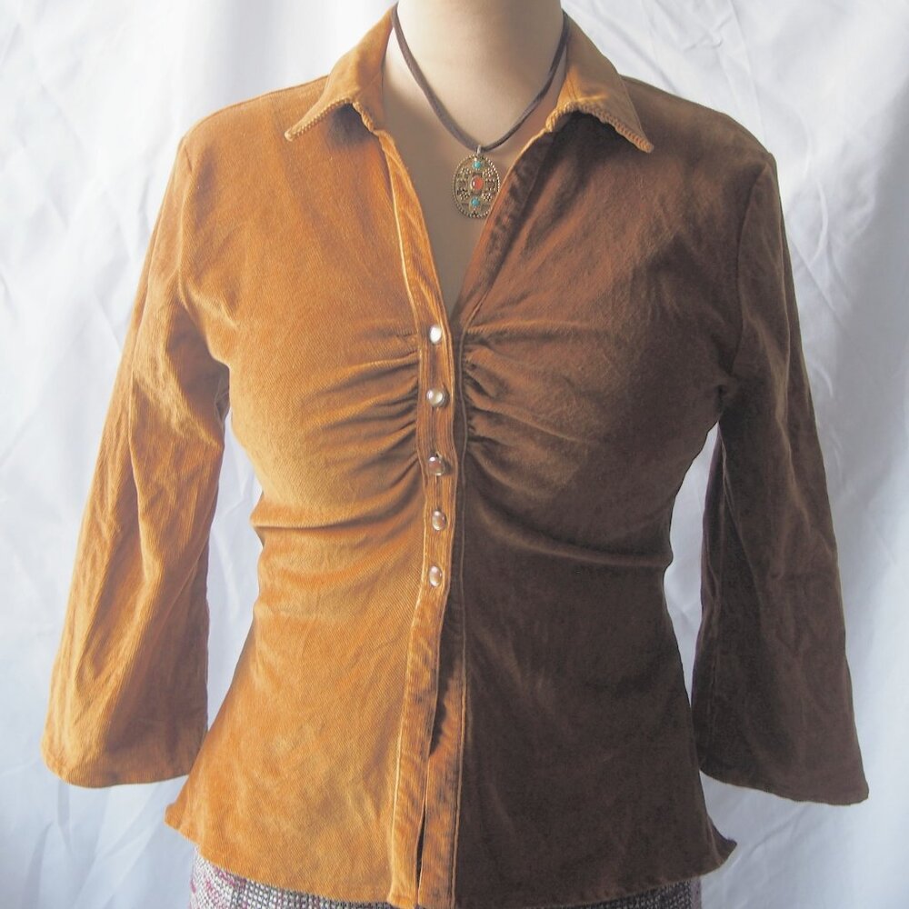 Aqua Blues Corduroy Tan Button Front Top Size M